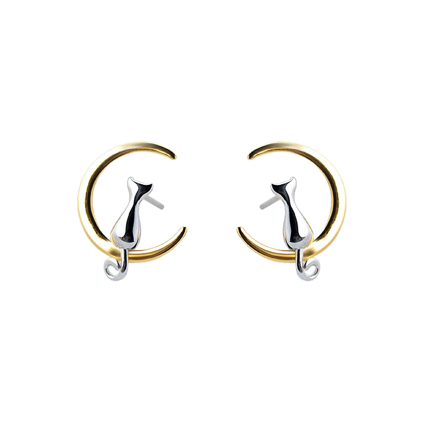 Par de aros de 13,1 mm, en plata 925 con de gatito plateado sentado en luna dorada sobre fondo blanco