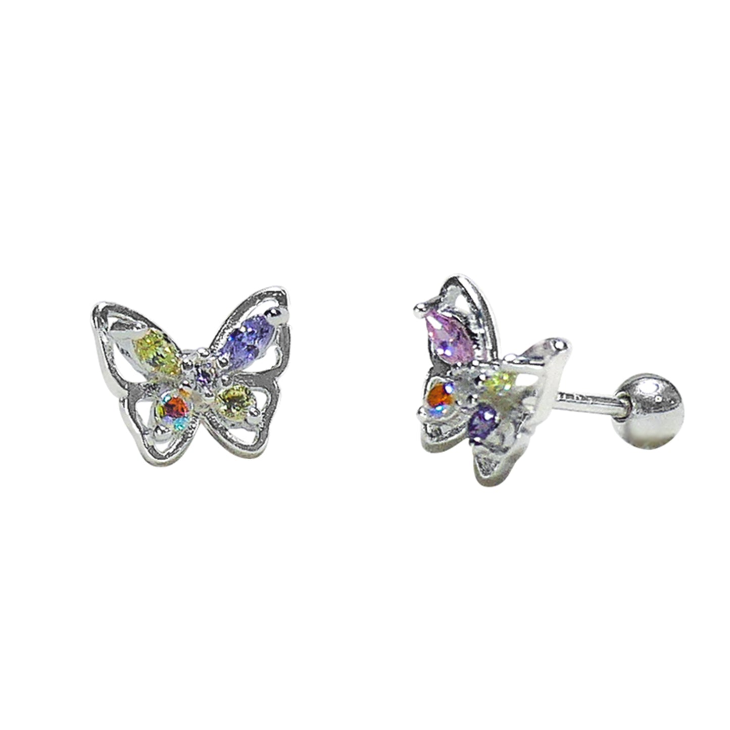 Par de pendientes en forma de mariposa con circones de colores vistos en diagonal sobre fondo blanco.