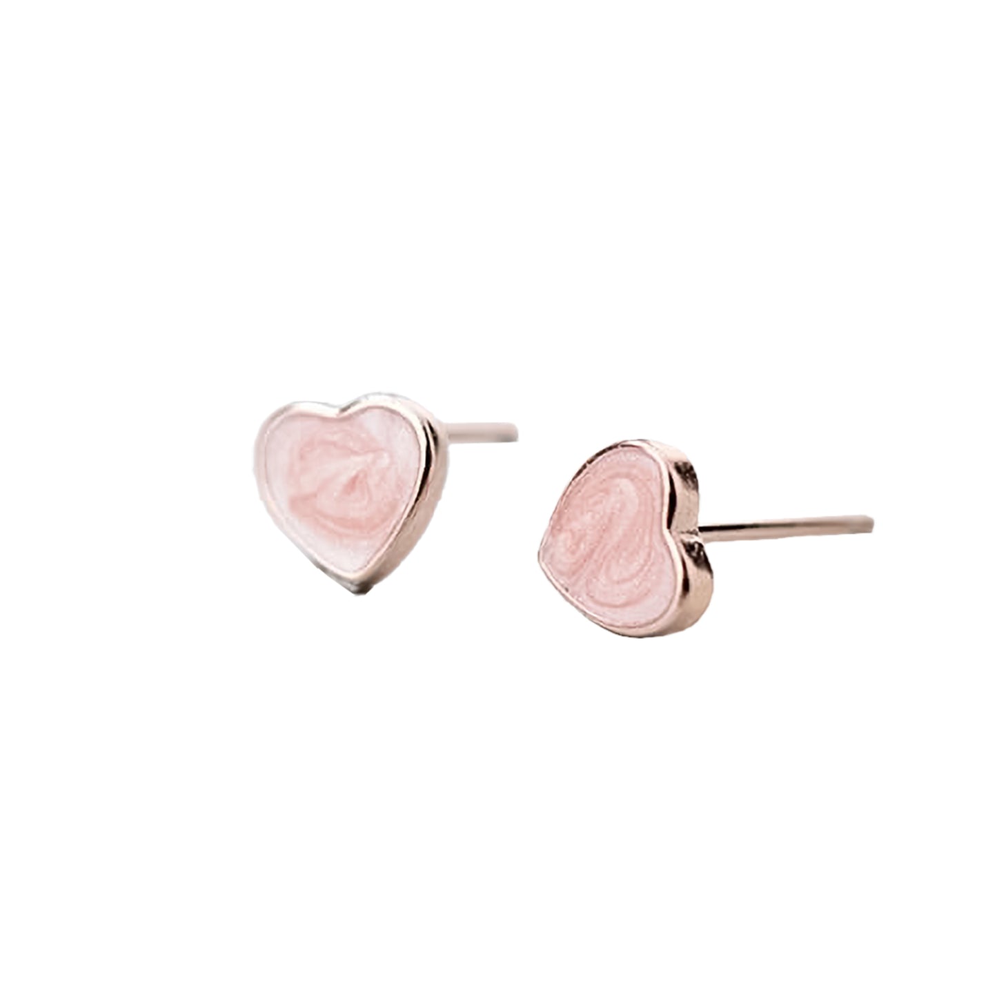 Par de pendientes de corazón rosa con interior marmoleado rosado sobre fondo blanco.