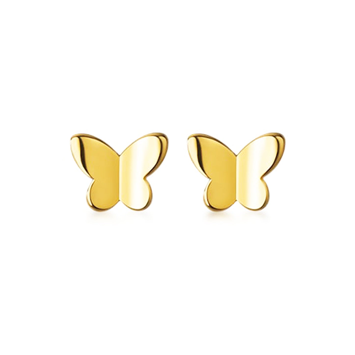 Par de aros de mariposa dorada con acabado brillante sobre fondo blanco.