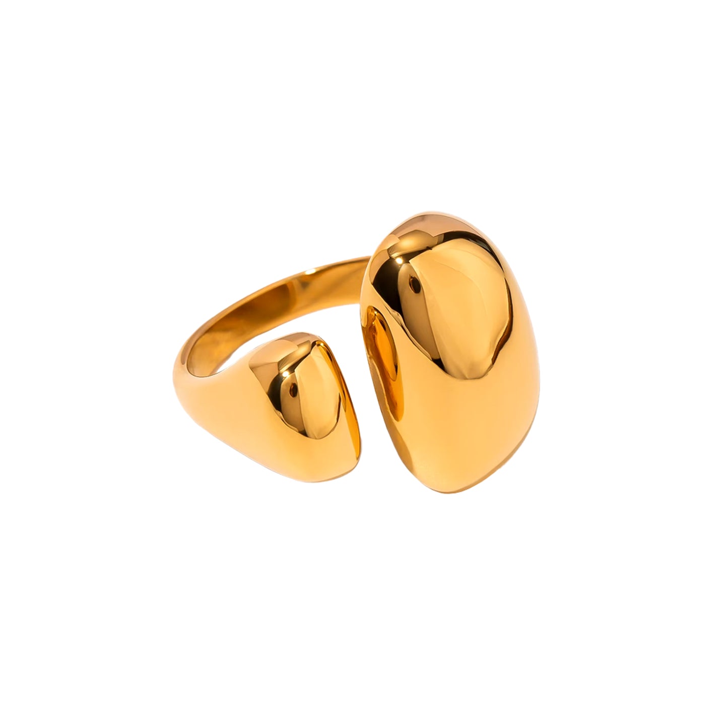 Anillo dorado abierto con doble óvalo sobre fondo blanco