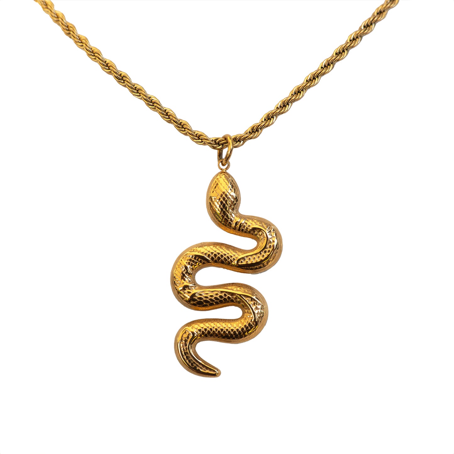 Collar con dije dorado en forma de serpiente sobre fondo blanco