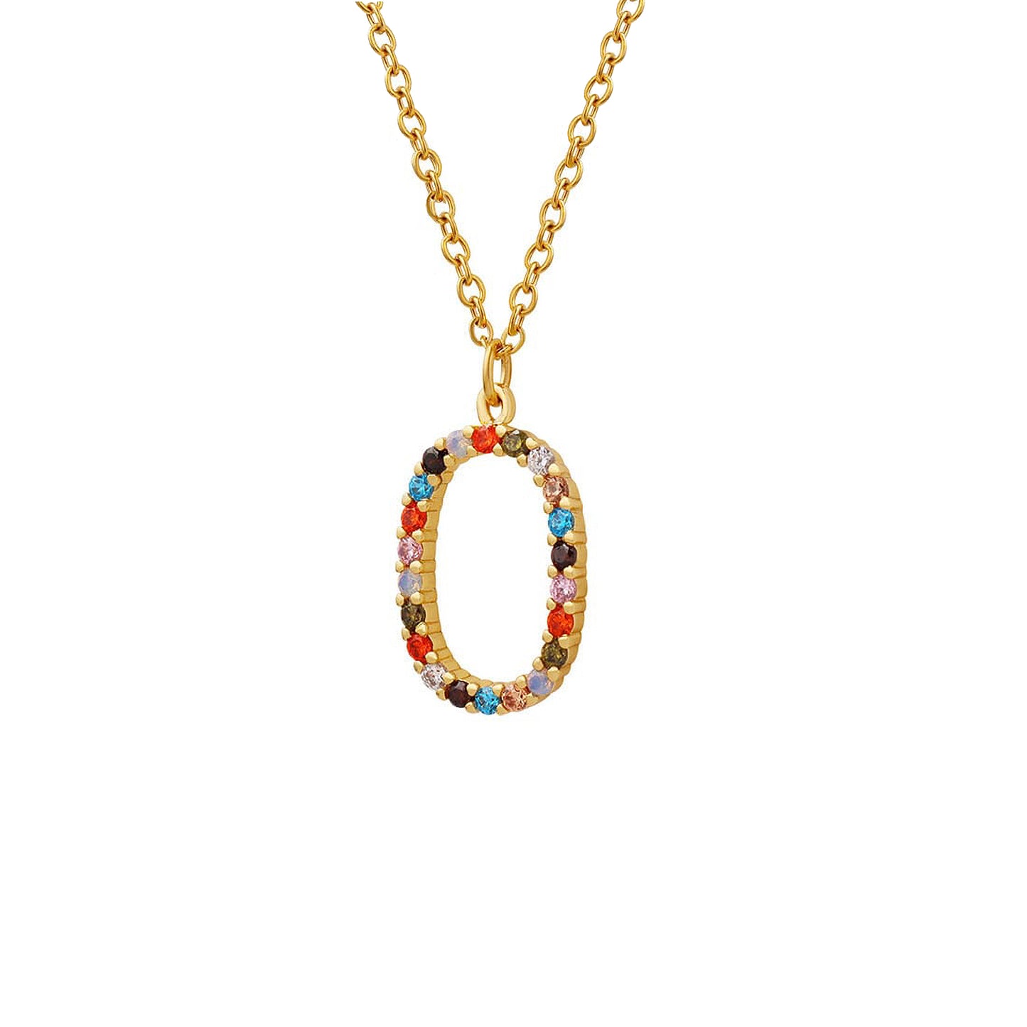 Collar dorado con dije ovalado con circones multicolores sobre fondo blanco